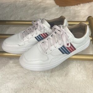MARK NASON Los Angeles/White leather Sneakers with Red/Blue Stripes- like new